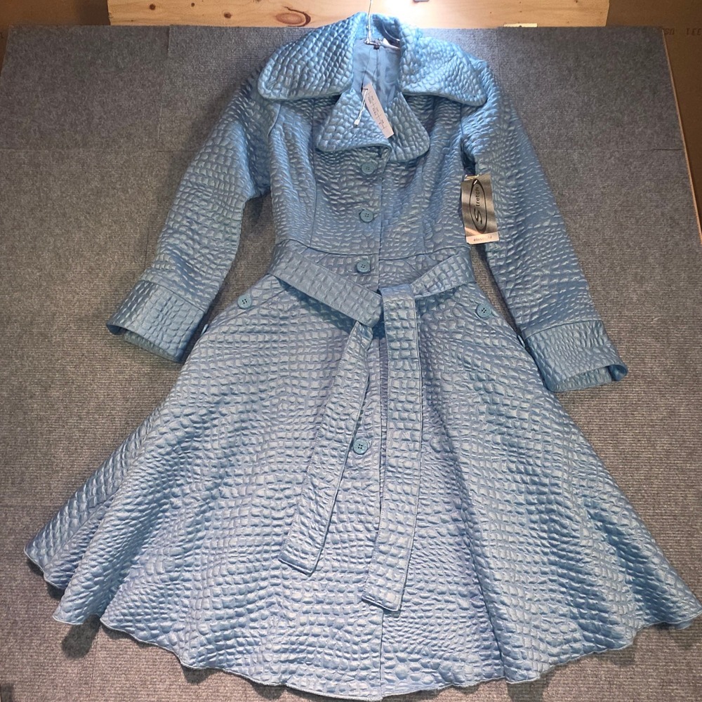 Samuel Dong Trench Coat Women S Ice Blue New Textured Bubble Belted F22023 - Picture 1 of 13